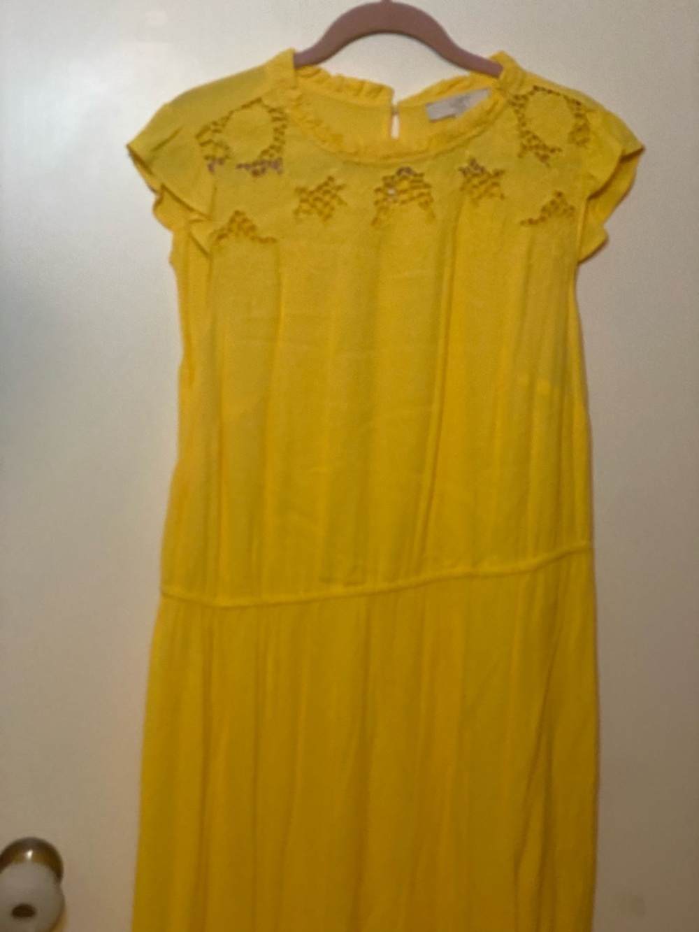 LOFT Bright Yellow Embroidered Ruffle Sleeve Dress